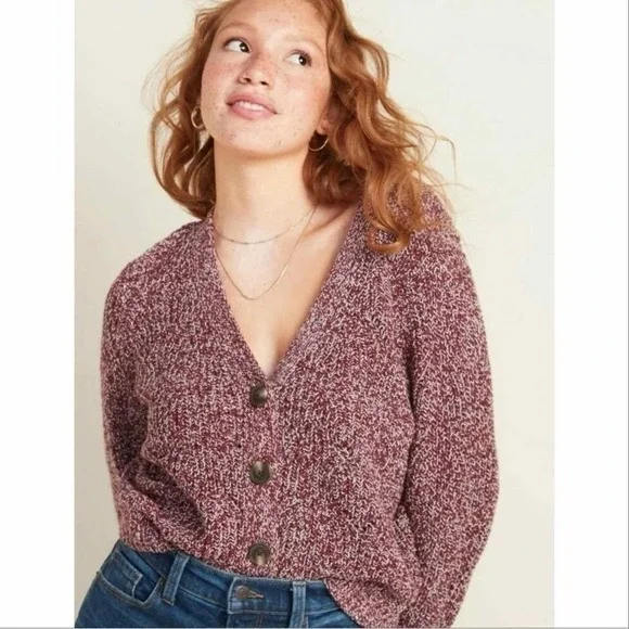 Old Navy Marled Pointelle Knit V Neck Crop Cardigan Sweater Burgundy Red Small - Picture 2 of 14